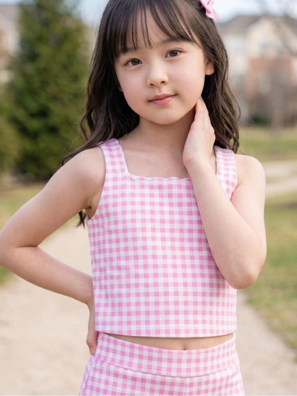 all in motion Girls' Active Scallop Crop Tank Top Pink & White Size XS (4/5)